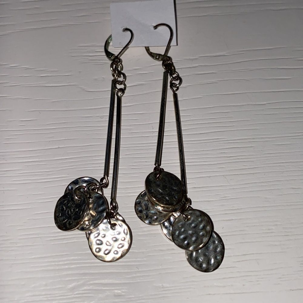 Silver Tone Drop Dangle Hammered Round Disk Earri… - image 2